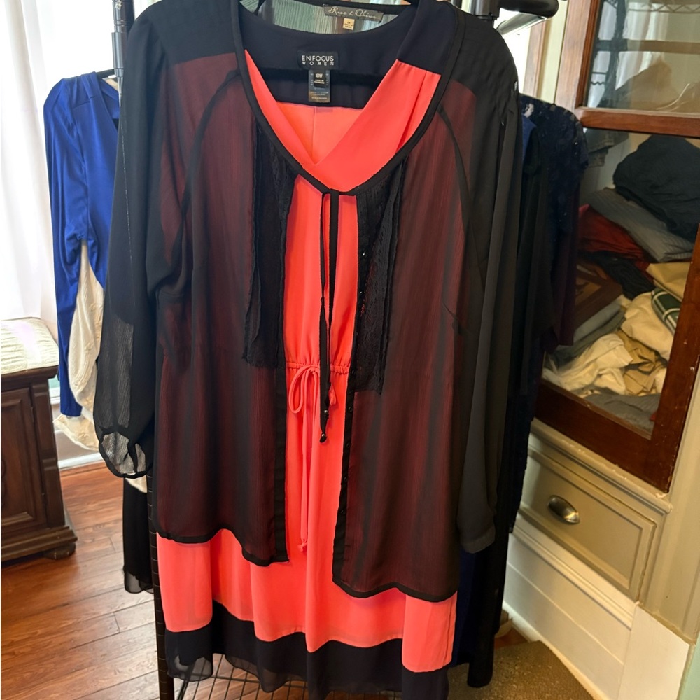 Black and Coral Sheer Overlay Dress